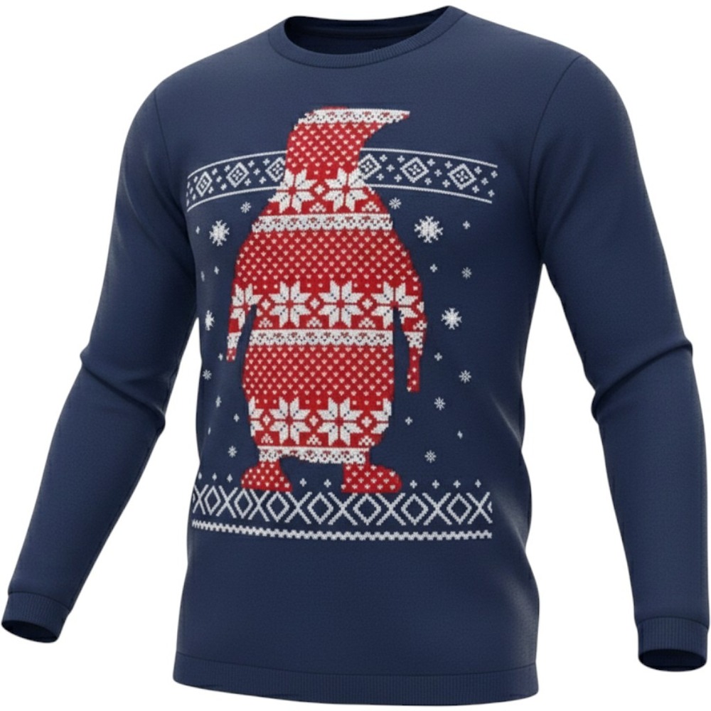 Mens Navy Blue Waffle‎ Knit Thermal Penguin Fair Isle Holiday Shirt Large 42/44